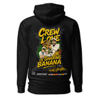 Unisex black Crew Humor Hoodie by 7SHORT1LONG® with "Crew Love Is Sharing Banana" graphic on the back, made of cotton-heritage fabric.