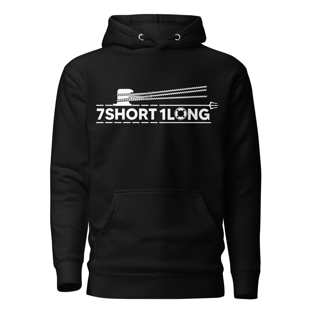 Black hoodie featuring a mooring rope graphic and the 7SHORT1LONG logo, inspired by deck operations, mooring procedures, and professional seafarer life.