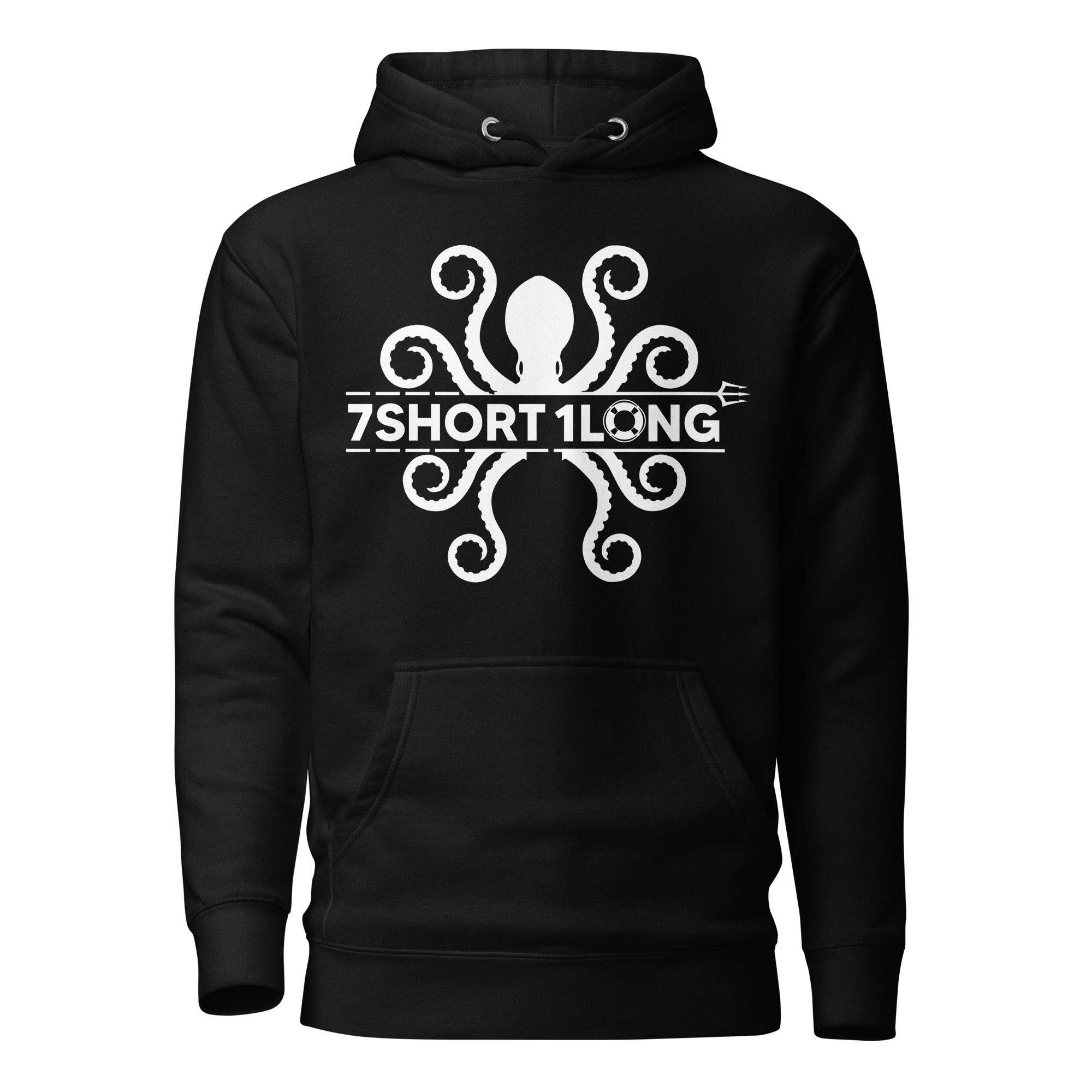 Black hoodie featuring a white kraken symbol combined with the 7Short1Long logo, inspired by maritime mythology and modern seafarer identity. Main image