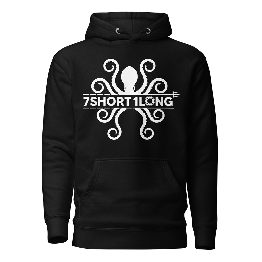 Black hoodie featuring a white kraken symbol combined with the 7Short1Long logo, inspired by maritime mythology and modern seafarer identity.