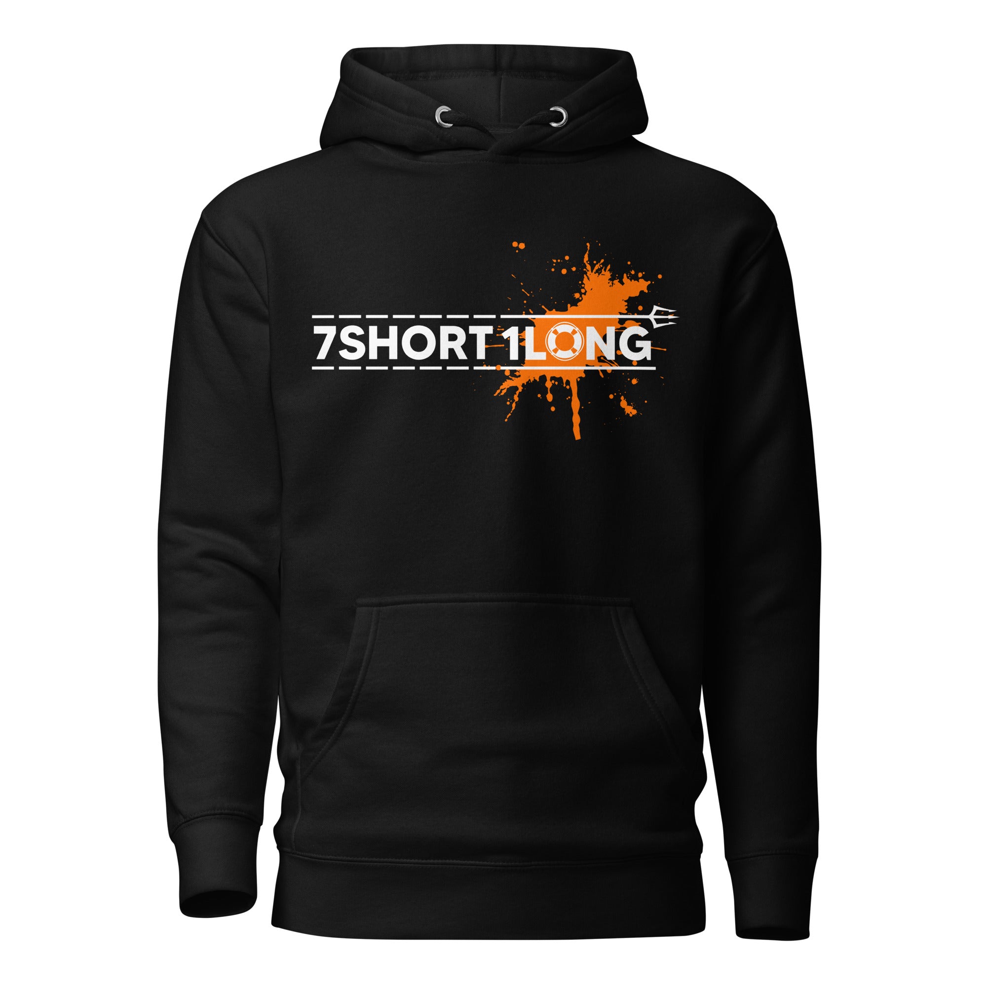 Black hoodie featuring the 7Short1Long logo with a bold orange color spot accent, inspired by maritime signal colors, crew work, and seafarer identity.mockup Main image