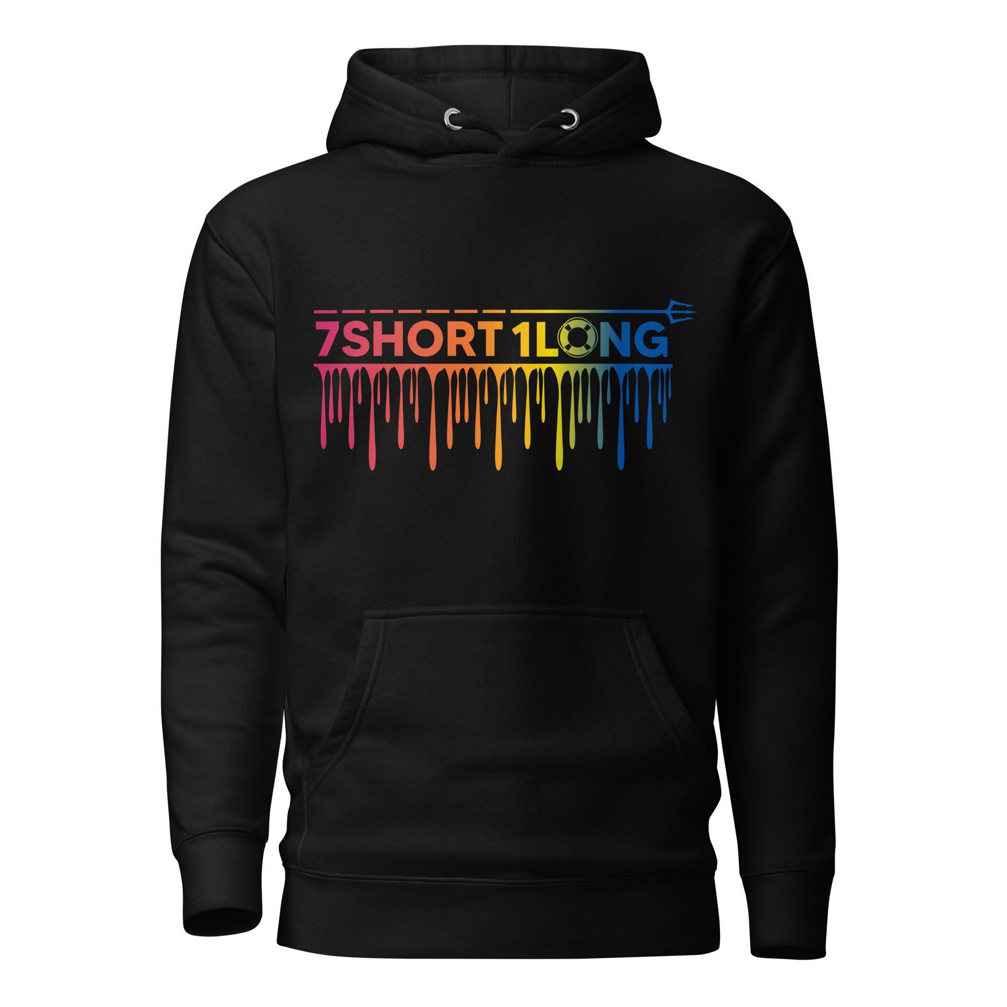 Black hoodie featuring the 7Short1Long logo in a multicolor dripping design, symbolizing diversity, crew unity, and life at sea under the message One Ocean One Crew. Main image