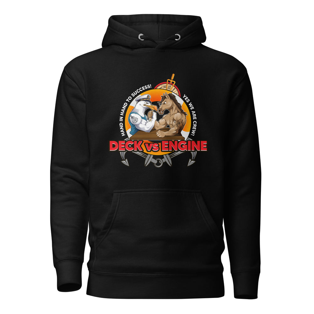 Crew hoodie with a clean maritime design representing the relationship and balance between deck and engine departments on commercial ships.