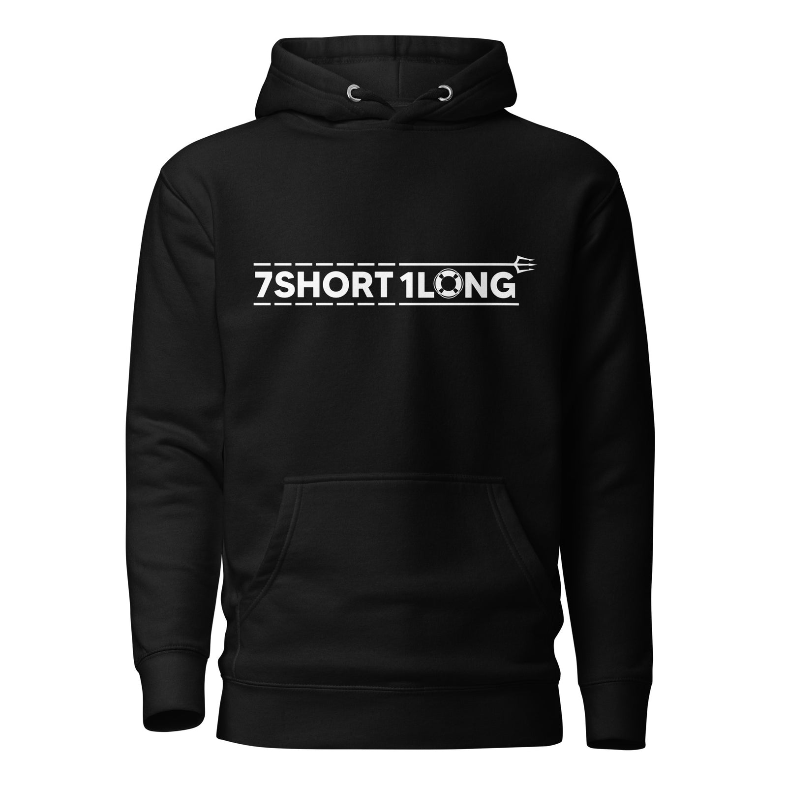 Unisex black Lifeboat Safety Hoodie by 7SHORT1LONG® made of cotton heritage fabric, front view with hood and logo detail.