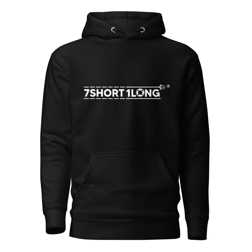 Unisex black cotton hoodie by 7SHORT1LONG® featuring a front rescue boat graphic for casual and outdoor wear.
