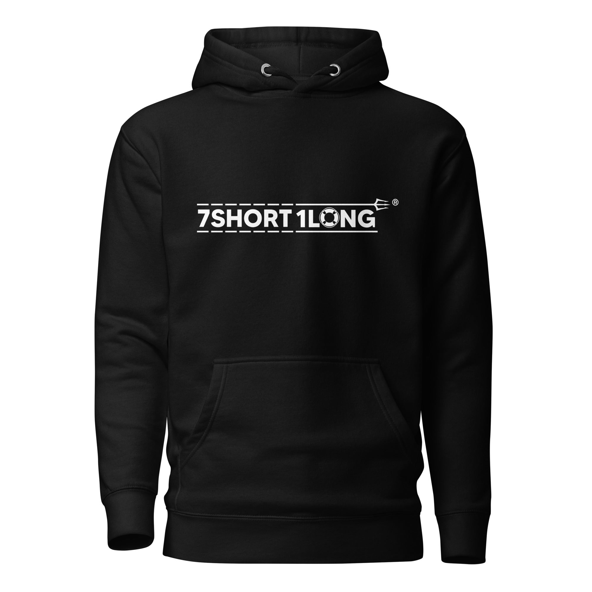 Unisex black cotton hoodie by 7SHORT1LONG® featuring a front rescue boat graphic for casual and outdoor wear.