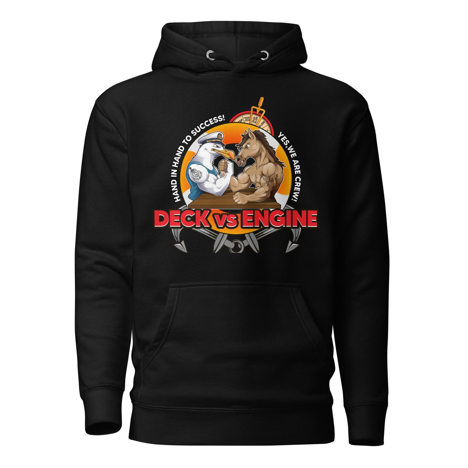 Deck vs Engine Department Hoodie in black, front view