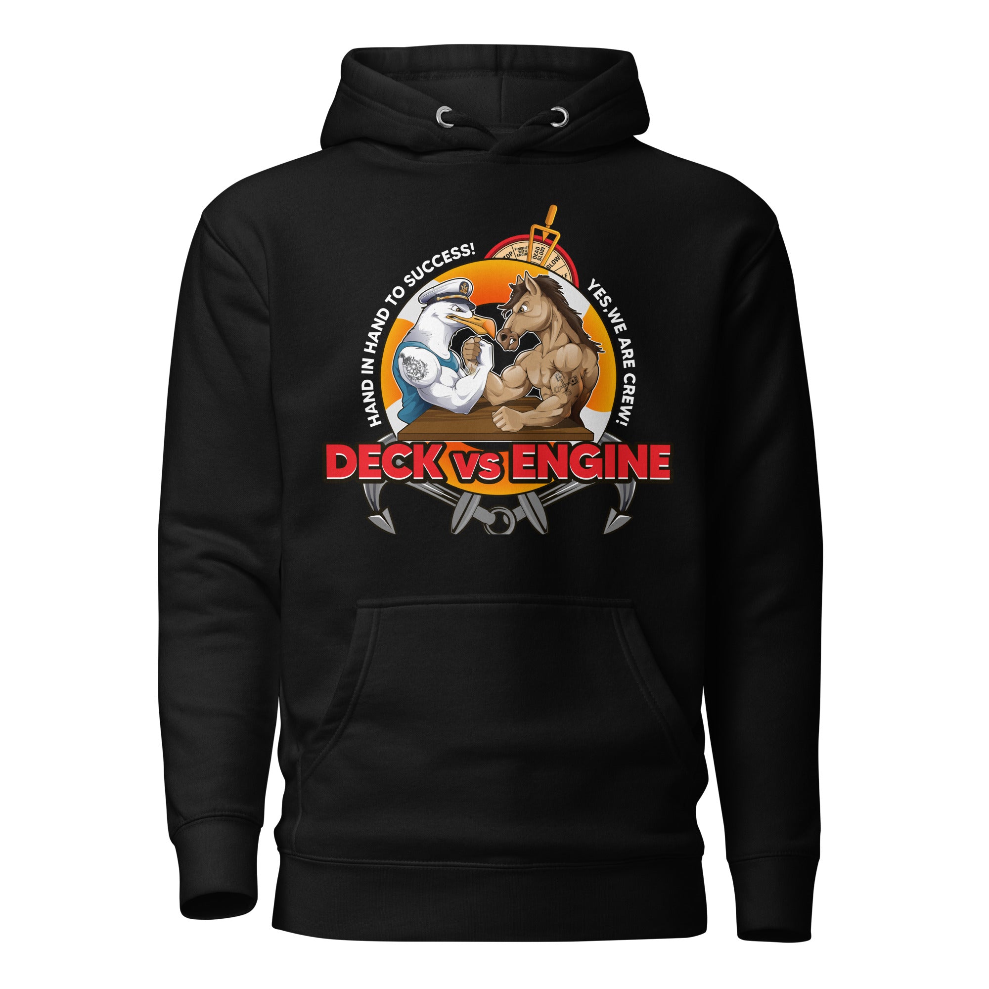 Black unisex cotton hoodie from 7SHORT1LONG® with "Deck vs Engine Department" print on front, premium pullover design.