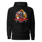 Black firefighting crew hoodie by 7SHORT1LONG® featuring a front print, unisex cotton heritage pullover design.