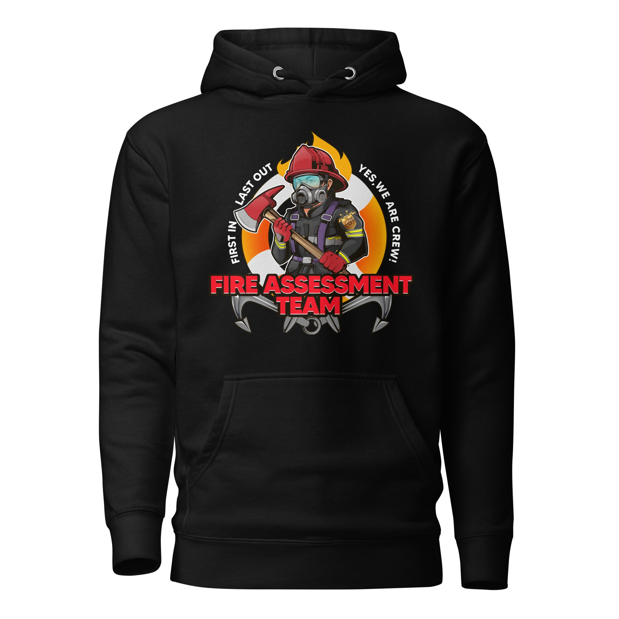 Black firefighting crew hoodie by 7SHORT1LONG® featuring a front print, unisex cotton heritage pullover design.