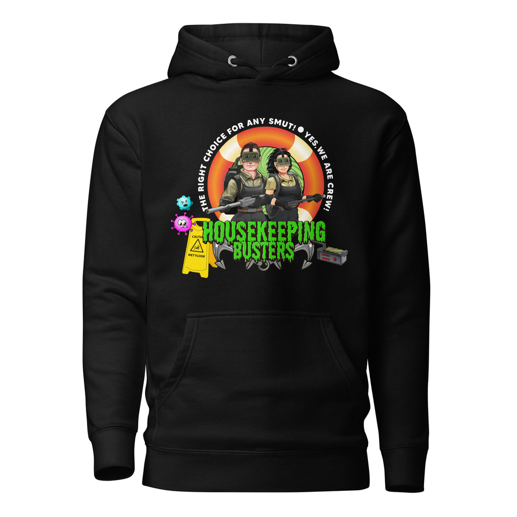 Unisex black cotton hoodie from 7SHORT1LONG® Housekeeping Department Buster collection, featuring a front design and comfortable fit.