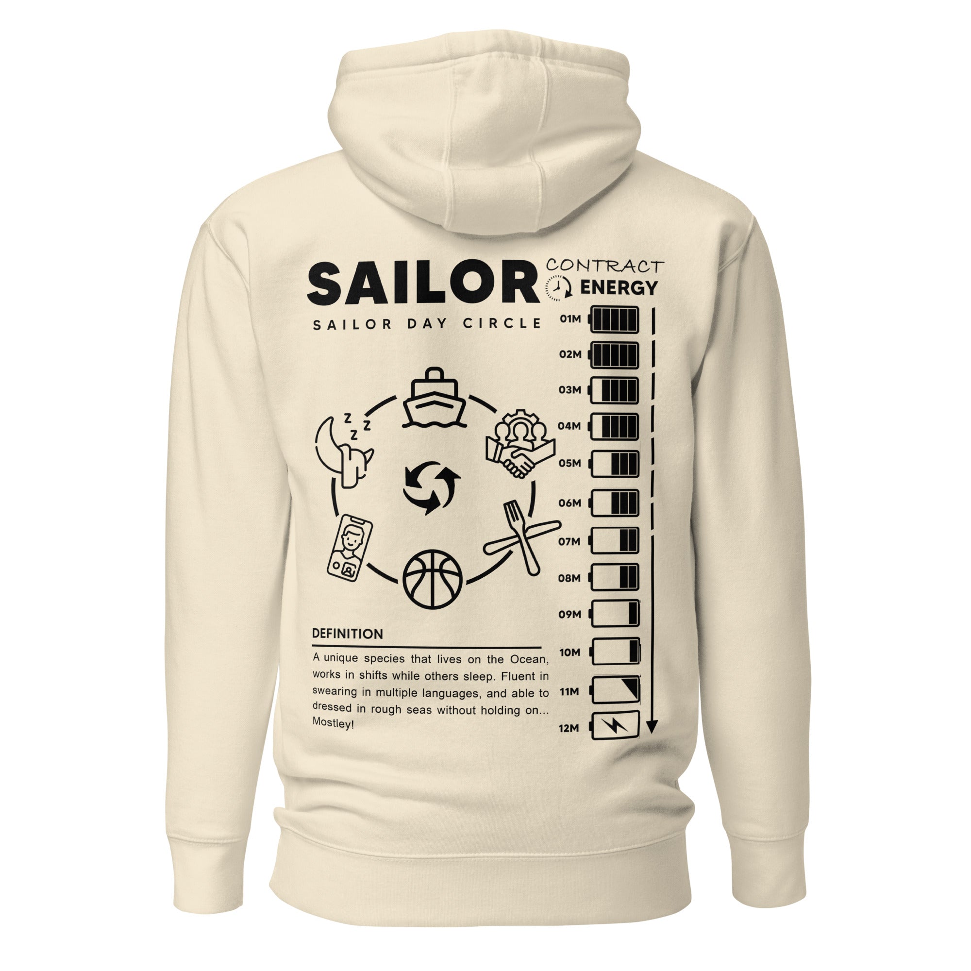Unisex Seafarer Daily Life Hoodie by 7SHORT1LONG® in bone color, featuring a cotton heritage fabric and comfortable pullover design.