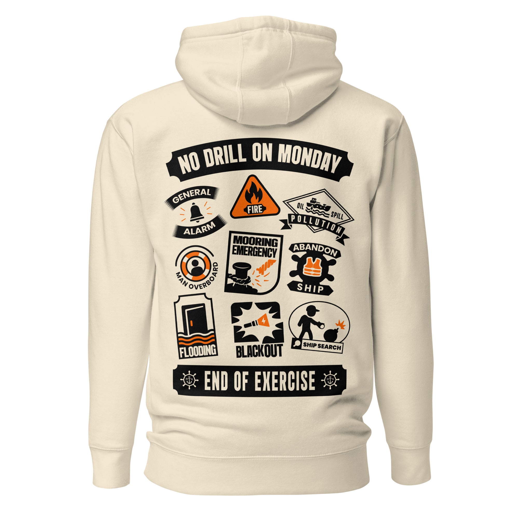 Unisex Maritime Safety Drill Hoodie by 7SHORT1LONG® in bone color, made from soft cotton, featuring a comfortable pullover design.