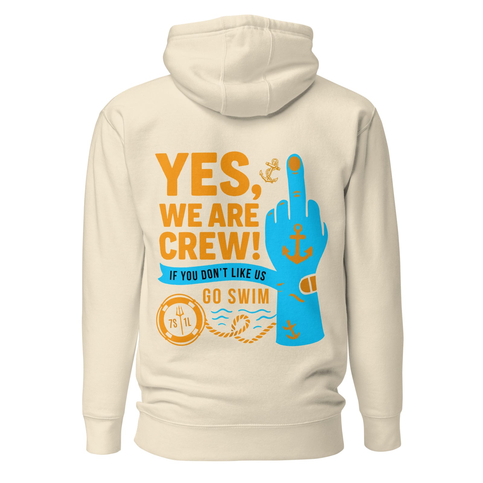 Unisex cotton hoodie by 7SHORT1LONG® with a bold middle finger graphic on the back, in a bone color pullover style.