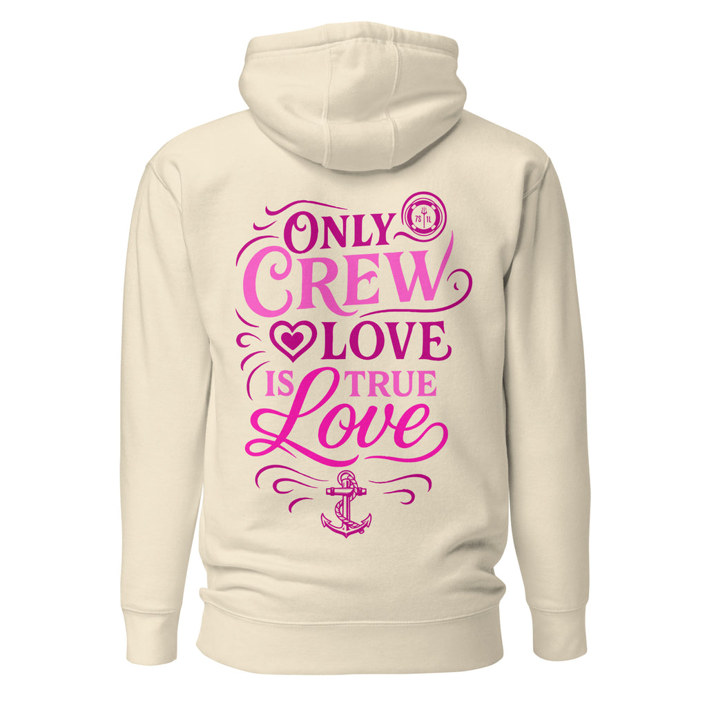 Unisex cotton heritage hoodie by 7SHORT1LONG® with "Crew Love" calligraphy design on bone-colored pullover.