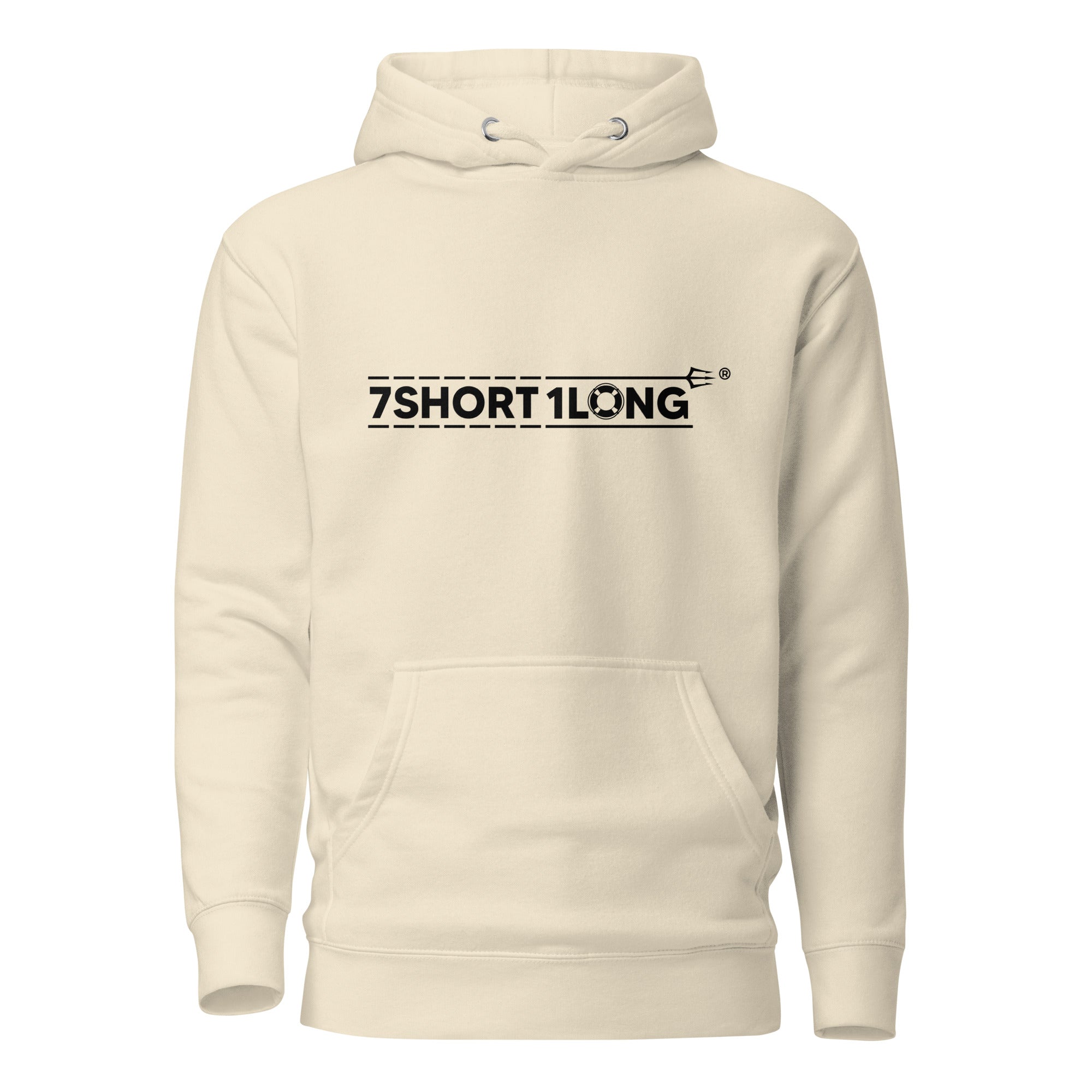 Unisex cotton hoodie from 7SHORT1LONG® with a front rescue boat graphic in a bone color, casual and comfortable pullover style.