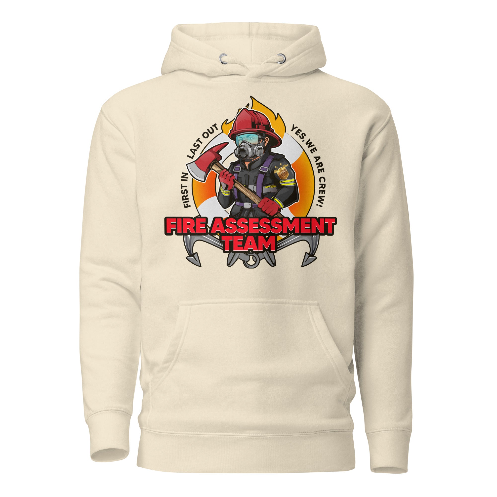 Unisex firefighting crew hoodie by 7SHORT1LONG® in bone color, made of cotton heritage fabric with front design.