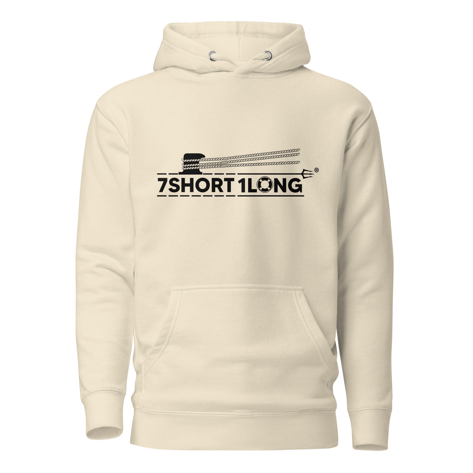 Unisex cotton Heritage hoodie from 7SHORT1LONG® with a front logo design, in a bone color, casual maritime style.