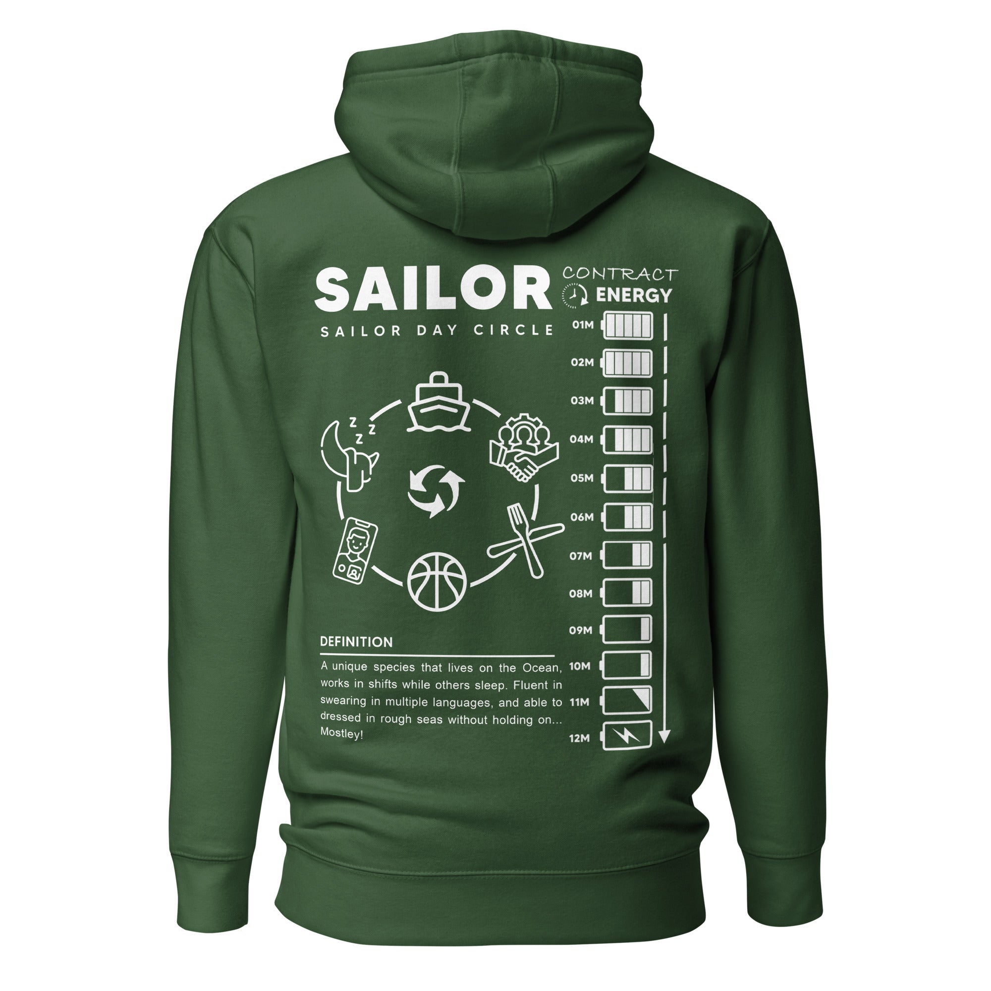 Unisex forest green Seafarer Daily Life Hoodie by 7SHORT1LONG® with front pocket and hood, made of premium cotton heritage fabric.