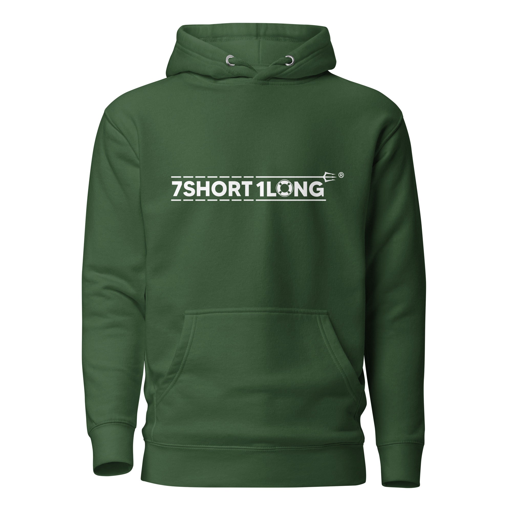 Unisex forest green Seafarer Daily Life Hoodie by 7SHORT1LONG® made of cotton heritage fabric, front view.
