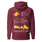Maroon Cruise Ship Tender Hoodie by 7SHORT1LONG® featuring a cotton heritage fabric and a relaxed unisex pullover design.
