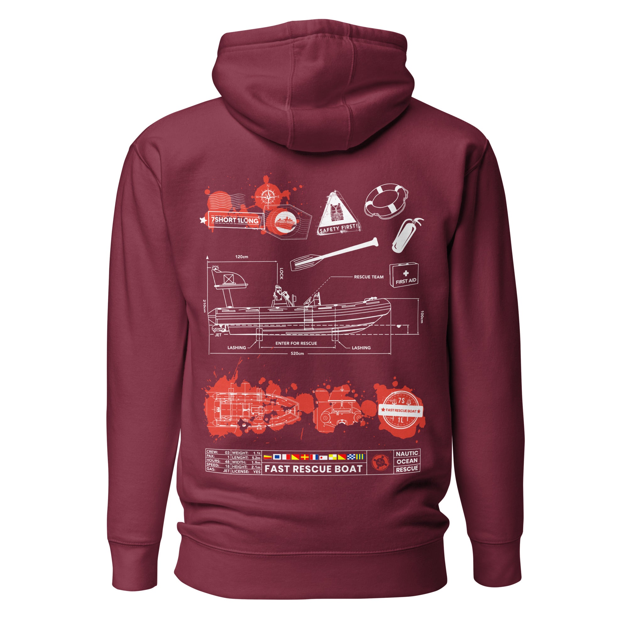 Maroon unisex cotton hoodie from 7SHORT1LONG® with "Fast Rescue Boat" logo on the back, premium pullover style.