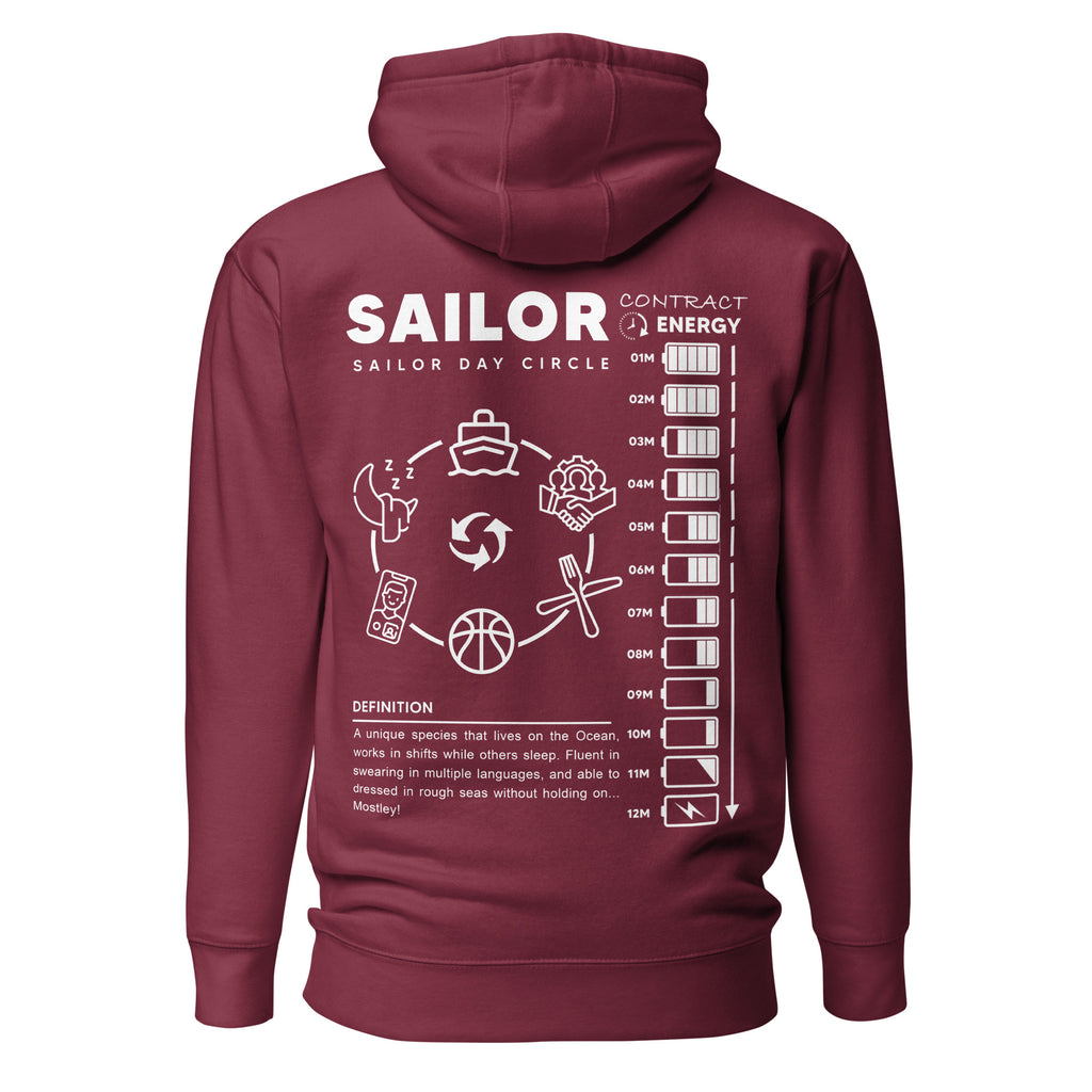 Maroon Seafarer Daily Life Hoodie by 7SHORT1LONG® in cotton heritage, unisex premium pullover with back design.