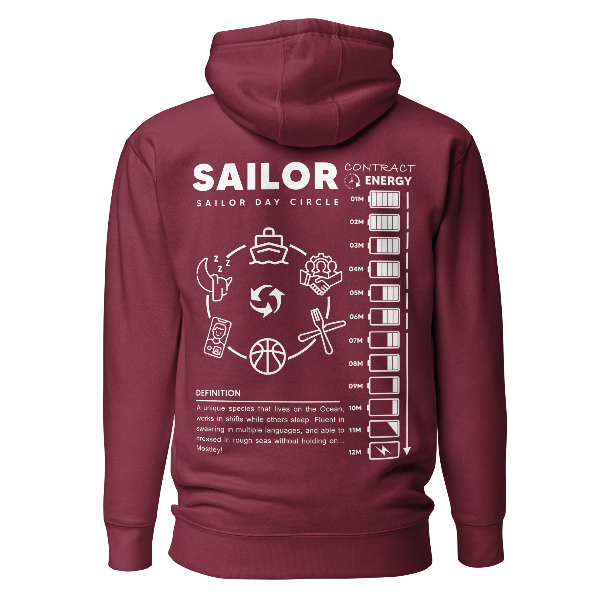Maroon Seafarer Daily Life Hoodie by 7SHORT1LONG® in cotton heritage, unisex premium pullover with back design.