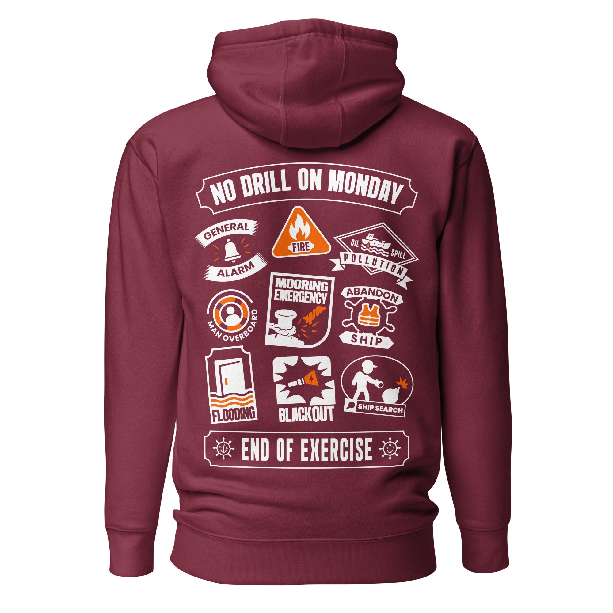 Maroon maritime safety drill hoodie by 7SHORT1LONG® featuring a cotton heritage unisex premium pullover with back design.