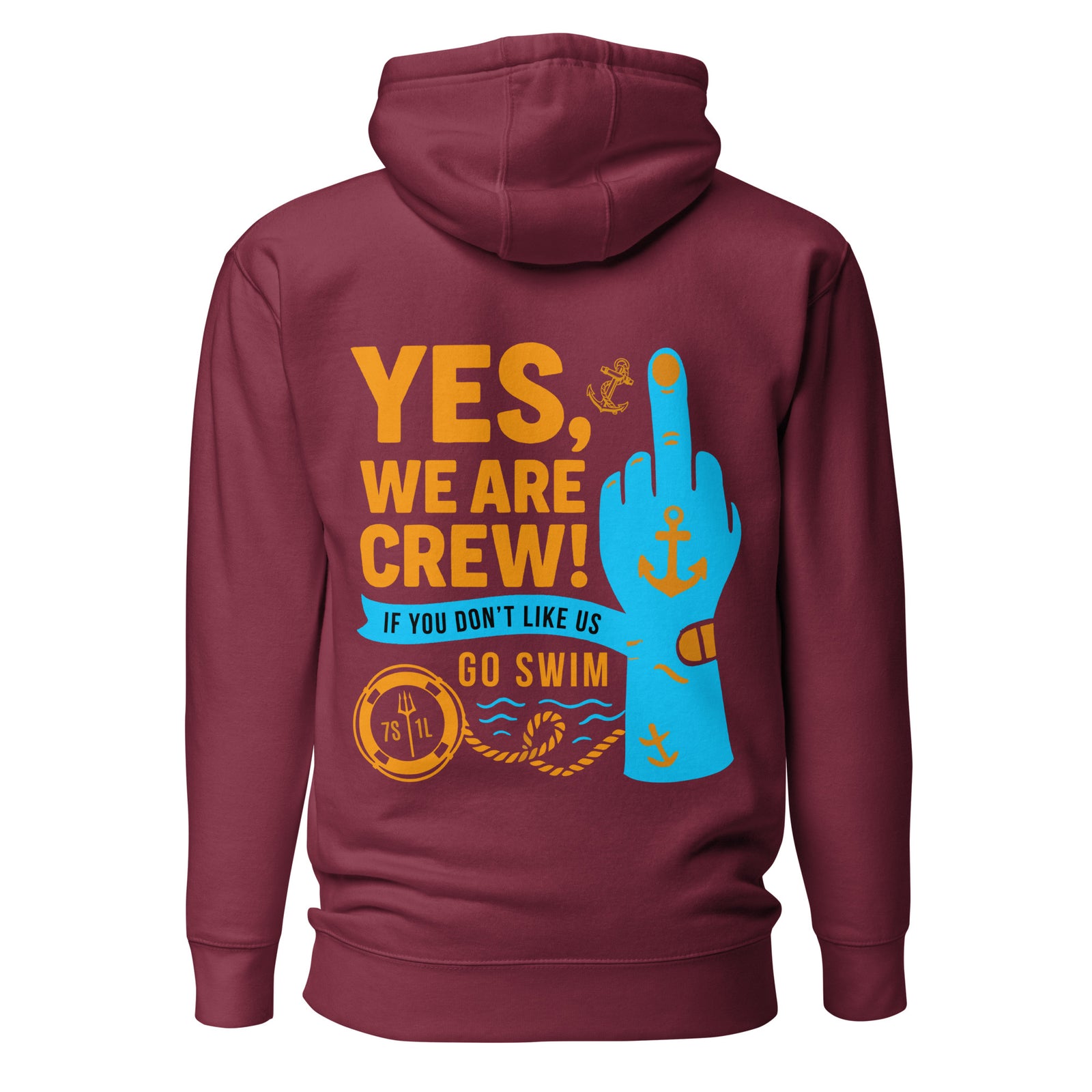 Maroon cotton hoodie by 7SHORT1LONG® featuring a bold middle finger graphic on the back, unisex crewneck pullover style.