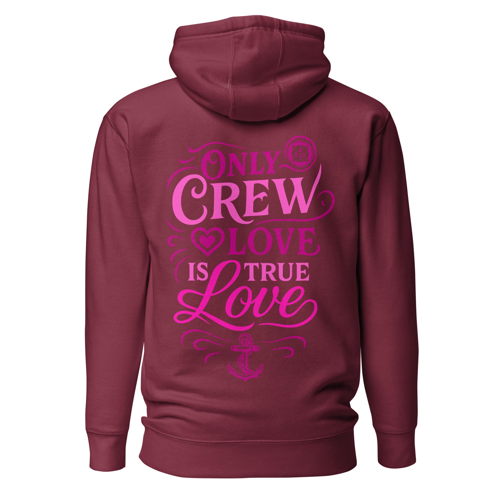 Maroon Calligraphy Crew Love Hoodie by 7SHORT1LONG® with crew neckline, unisex fit, made from cotton heritage fabric, back view