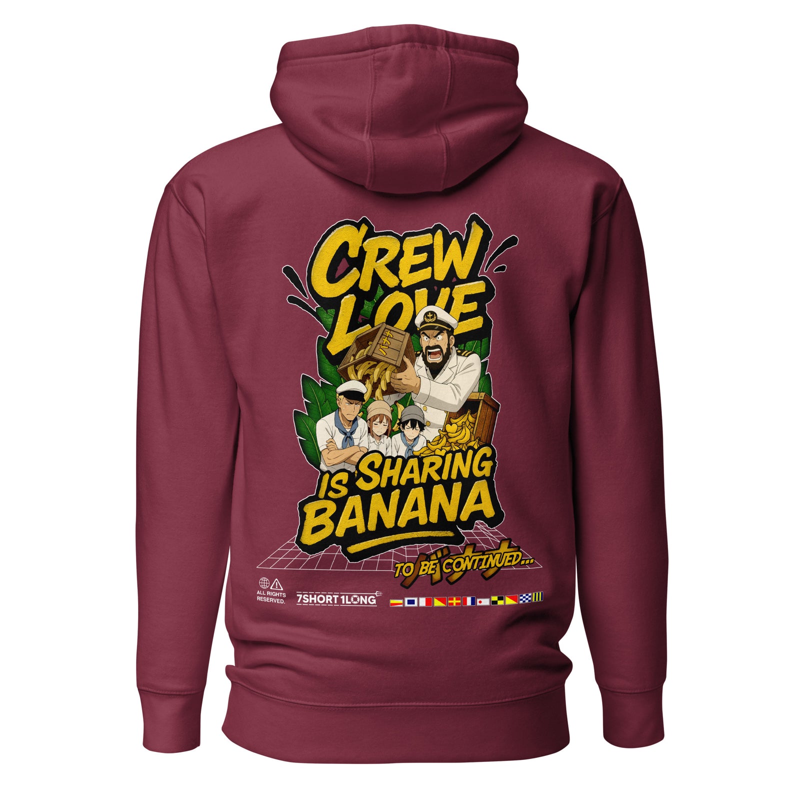 Crew Humor Hoodie – Crew Love Is Sharing Banana in maroon, back view