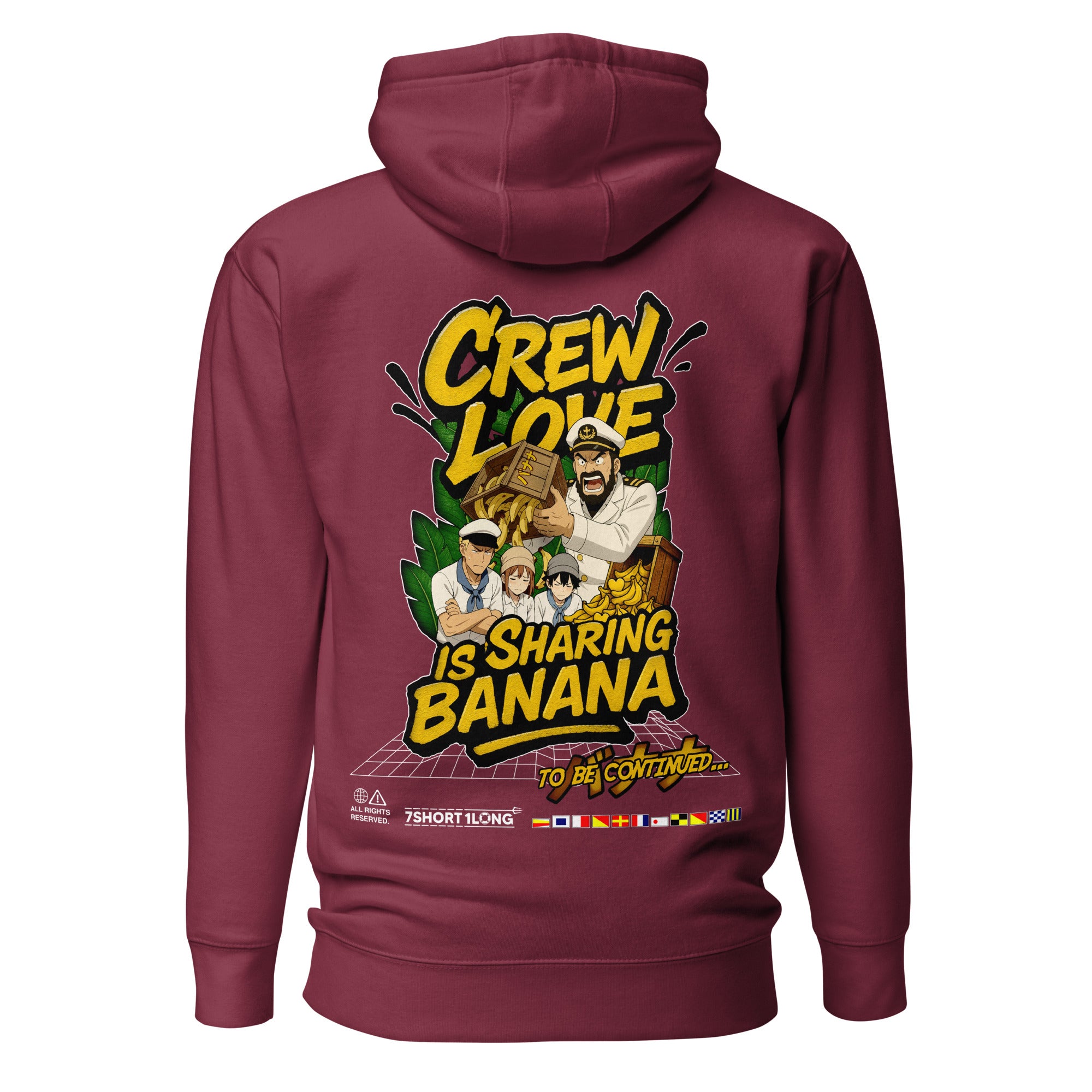 Maroon unisex cotton-heritage Crew Humor Hoodie by 7SHORT1LONG® with playful "Crew Love Is Sharing Banana" graphic on the back.