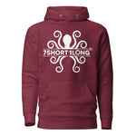 Red hoodie featuring a white kraken symbol combined with the 7Short1Long logo, inspired by maritime mythology and modern seafarer identity.