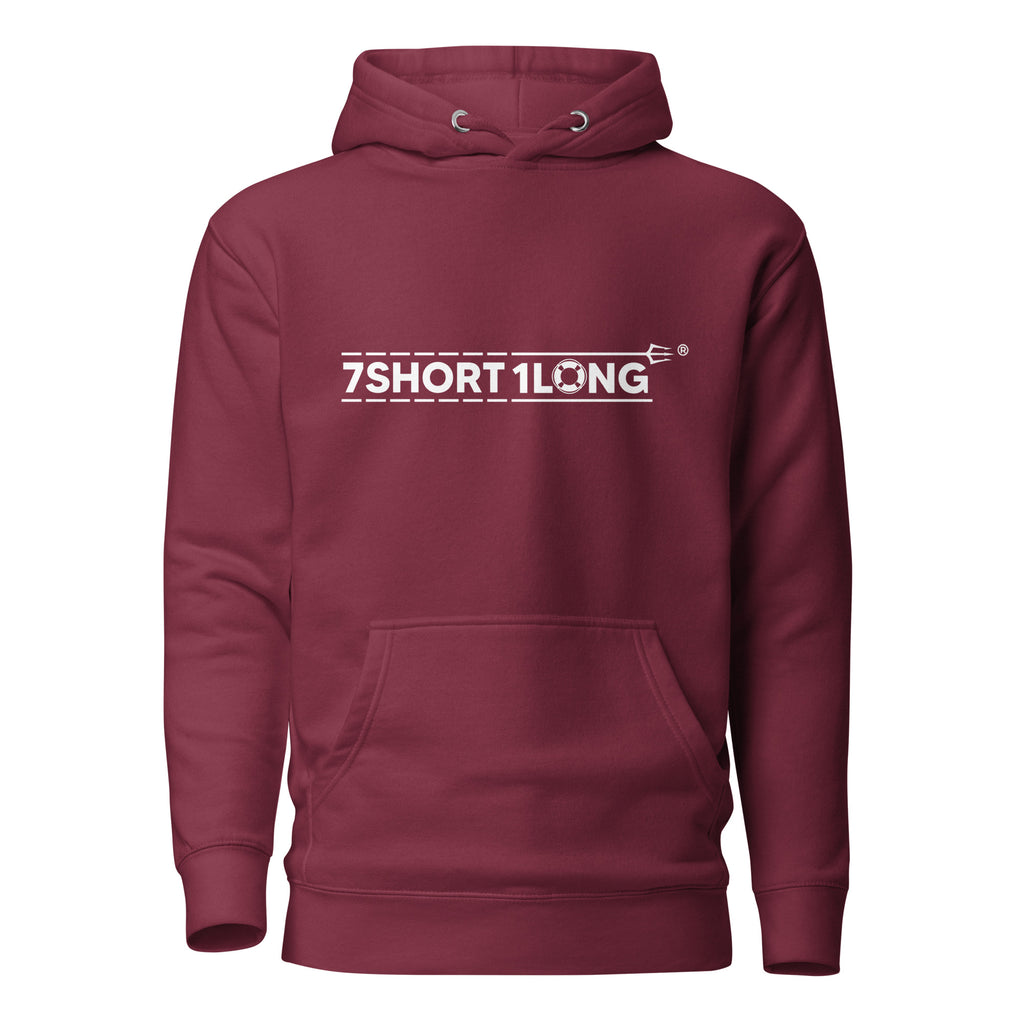 Maroon unisex cotton heritage hoodie by 7SHORT1LONG® with a front design, perfect for casual wear and comfortable style.