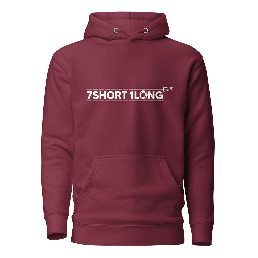 Maroon Maritime Safety Drill Hoodie by 7SHORT1LONG®, unisex cotton pullover with front design, casual and comfortable.