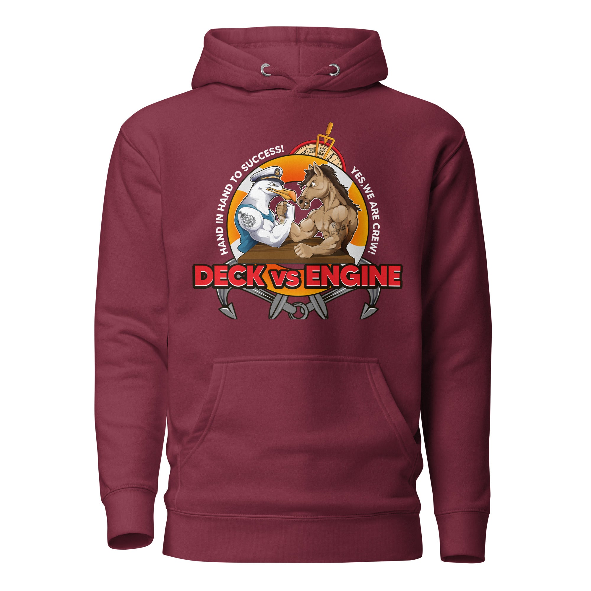 Maroon 7SHORT1LONG® Deck vs Engine Department hoodie, unisex cotton heritage premium pullover with front design.
