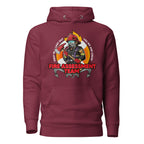 Maroon firefighting crew hoodie by 7SHORT1LONG® with front design, unisex cotton heritage pullover, casual and comfortable style