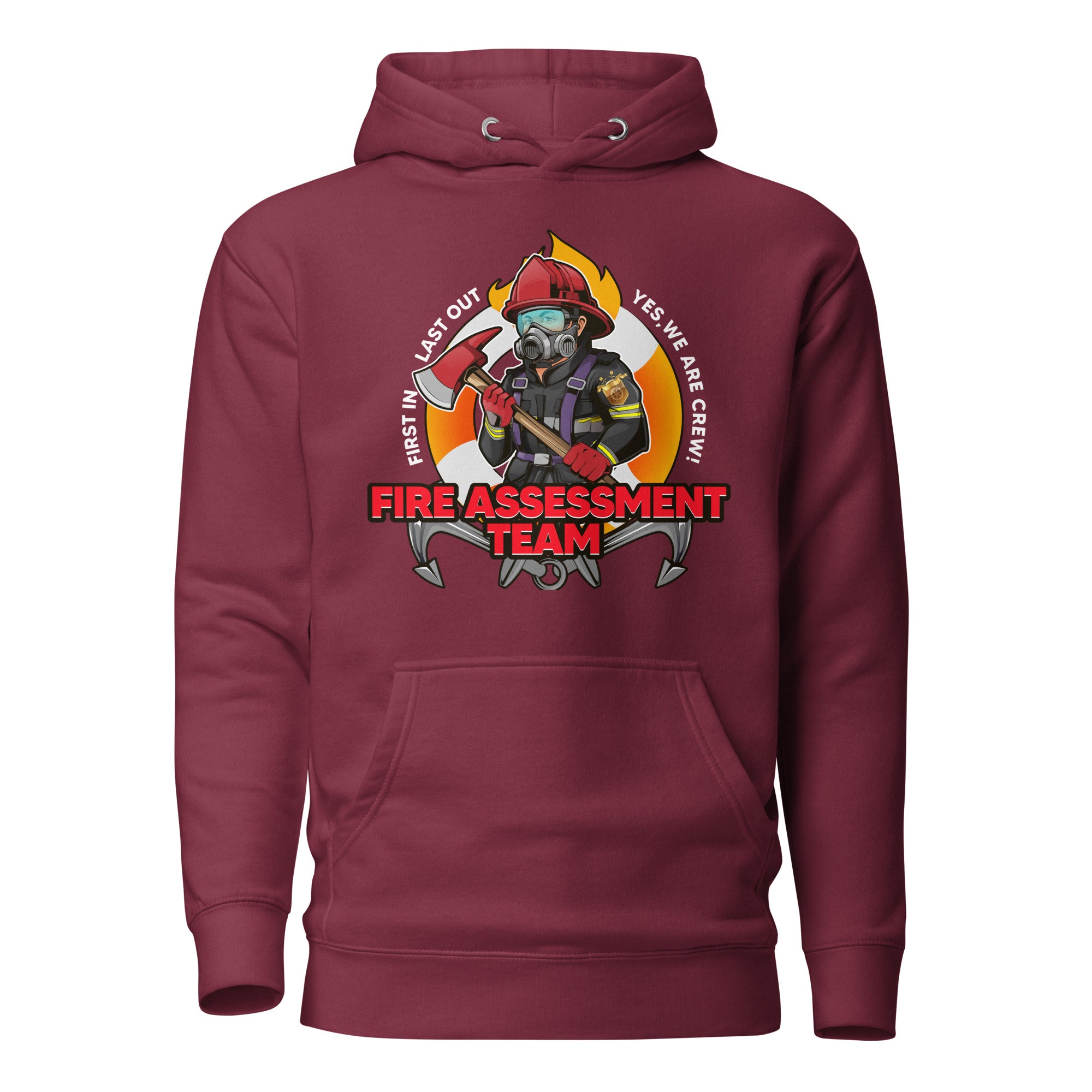 Maroon firefighting crew hoodie by 7SHORT1LONG® with front design, unisex cotton heritage pullover, casual and comfortable style