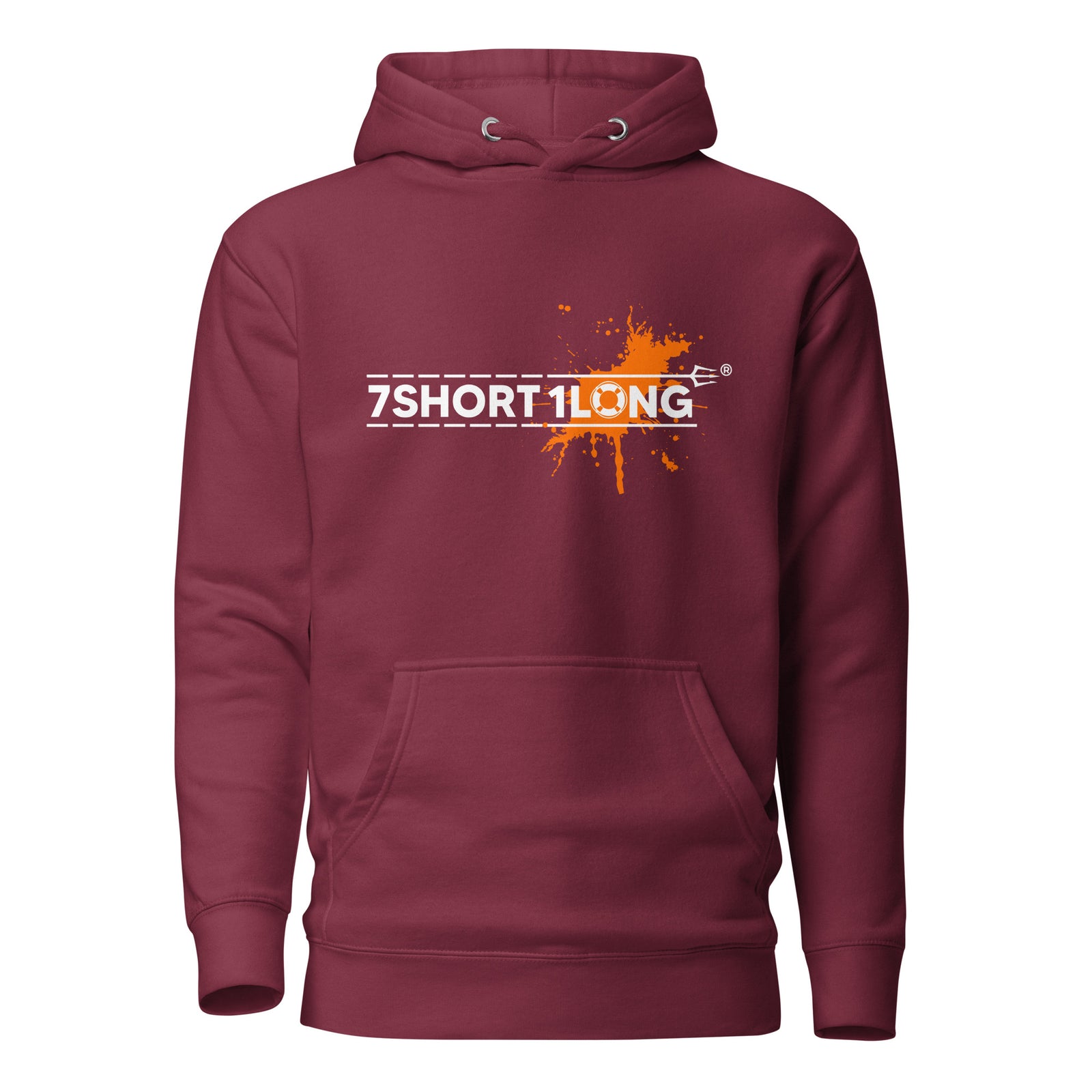 Maroon unisex Safety at Sea Splash Graphic Hoodie by 7SHORT1LONG® featuring a bold sea splash design on the front.