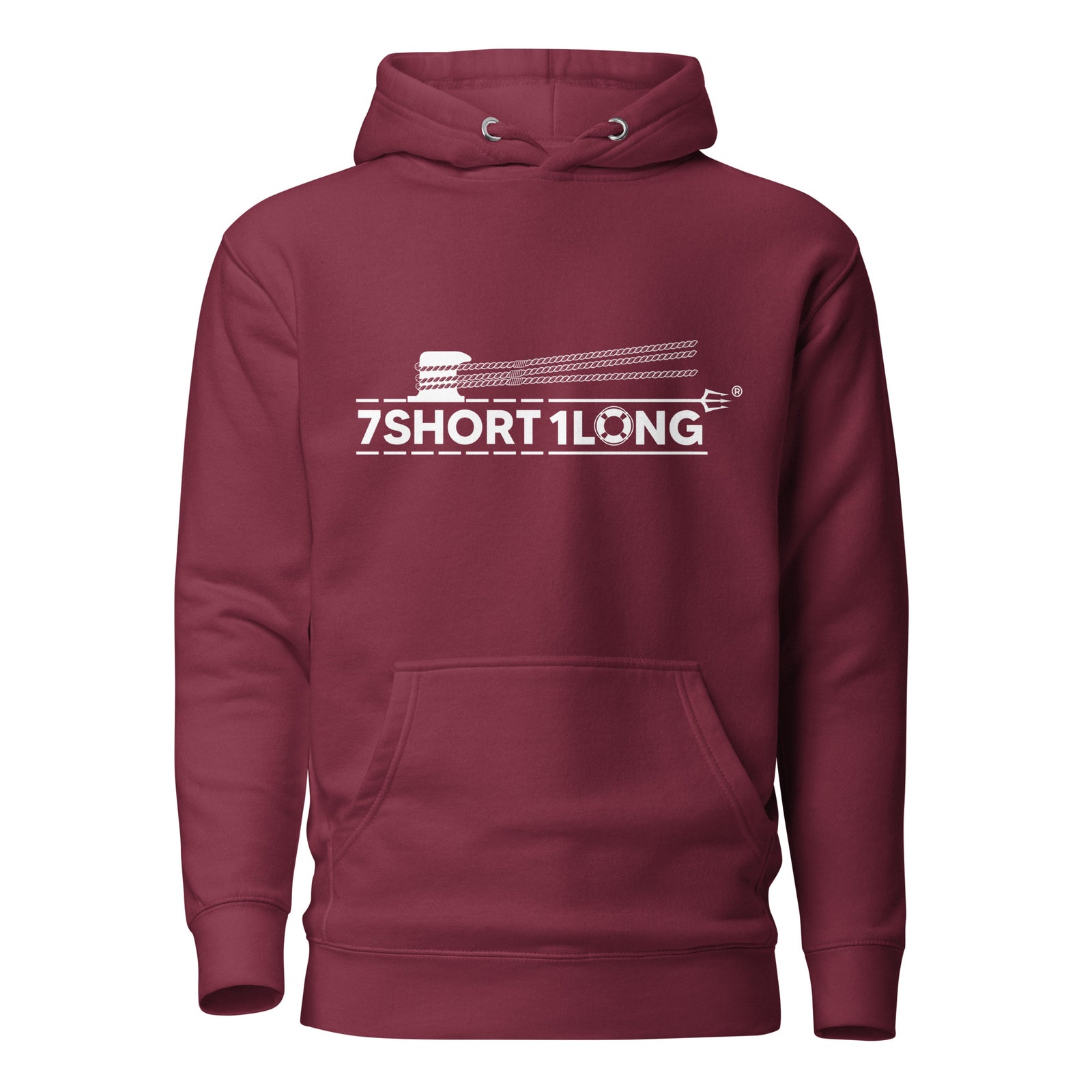 Maroon 7SHORT1LONG® Deckhand Crew Maritime Hoodie, unisex cotton heritage pullover with front design.