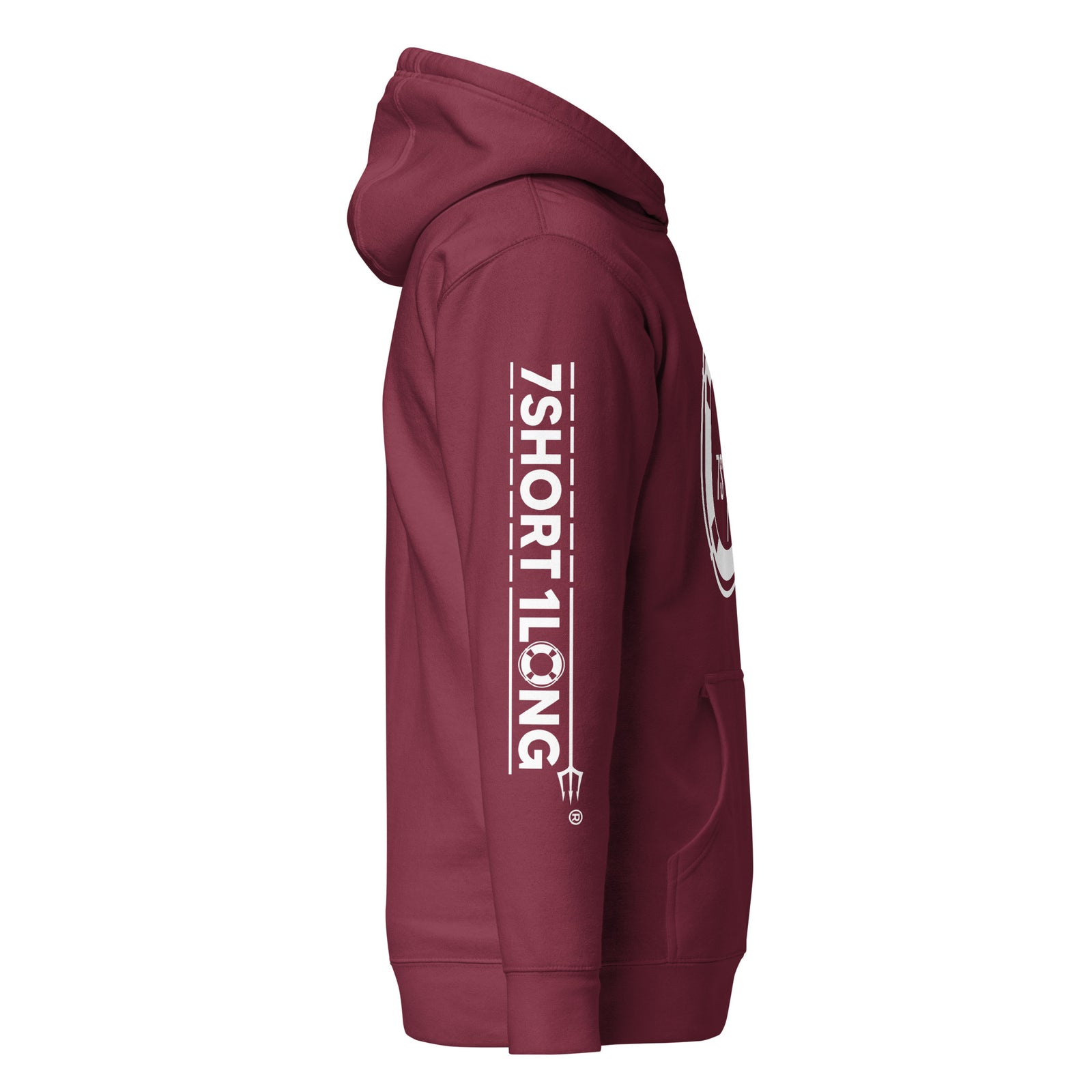 Maroon unisex crew hoodie by 7SHORT1LONG® with "Sign On Sign Off Crew" graphic, made of premium cotton heritage fabric.