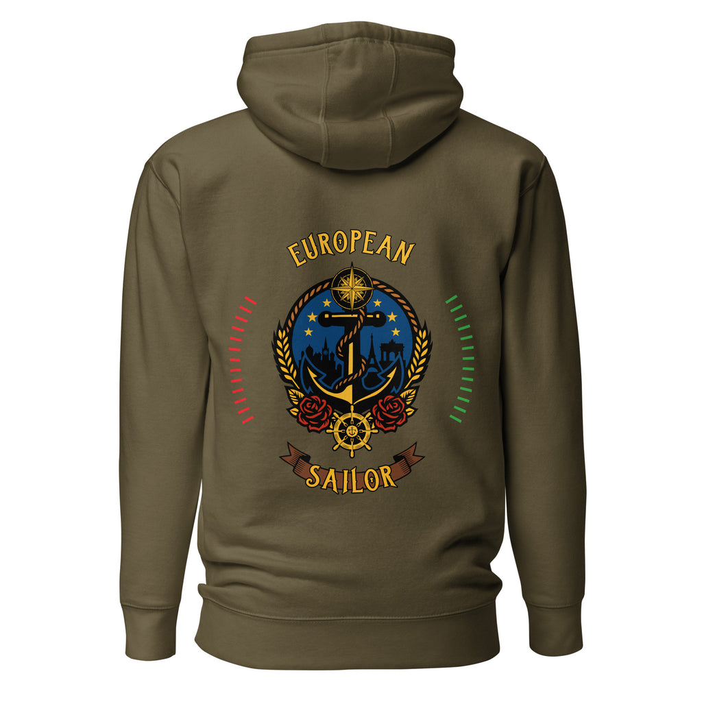 Crew hoodie representing a European sailor, symbolizing professional seamanship, maritime tradition, and international crew identity on board a vessel.