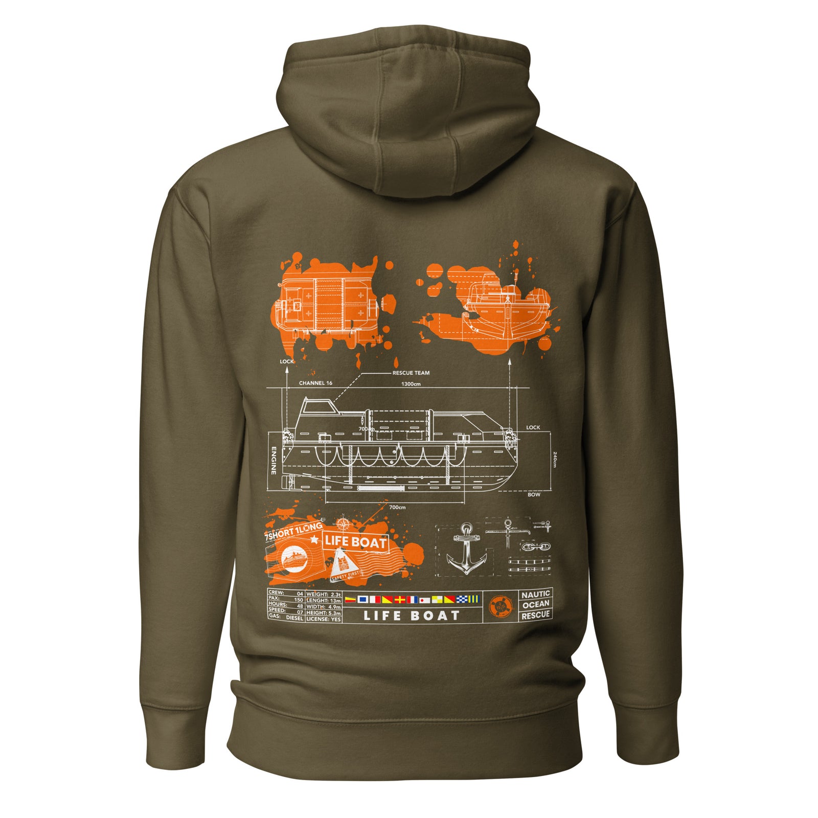 Unisex Lifeboat Safety Hoodie by 7SHORT1LONG® in military green, made of cotton heritage fabric with a back design.