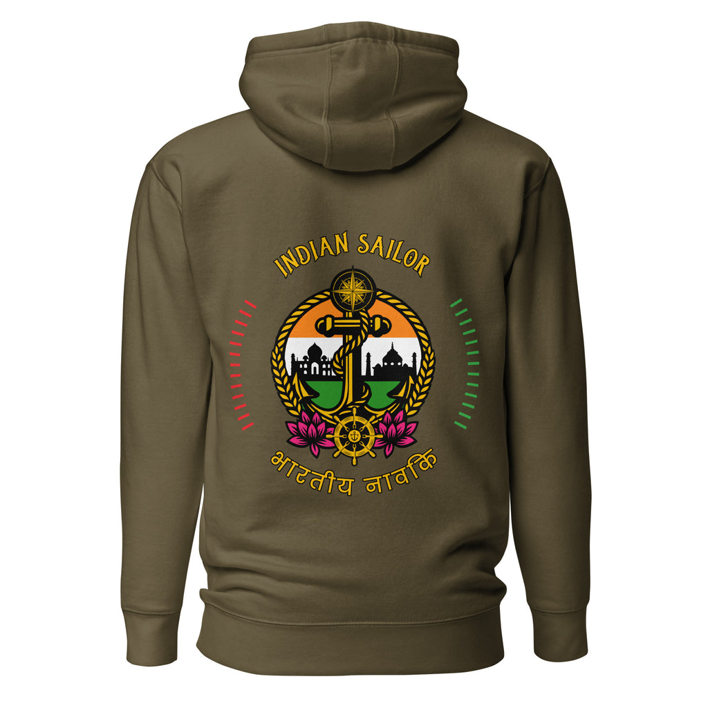 Unisex Indian Sailor Hoodie by 7SHORT1LONG® in military green, made from cotton heritage fabric, back view.
