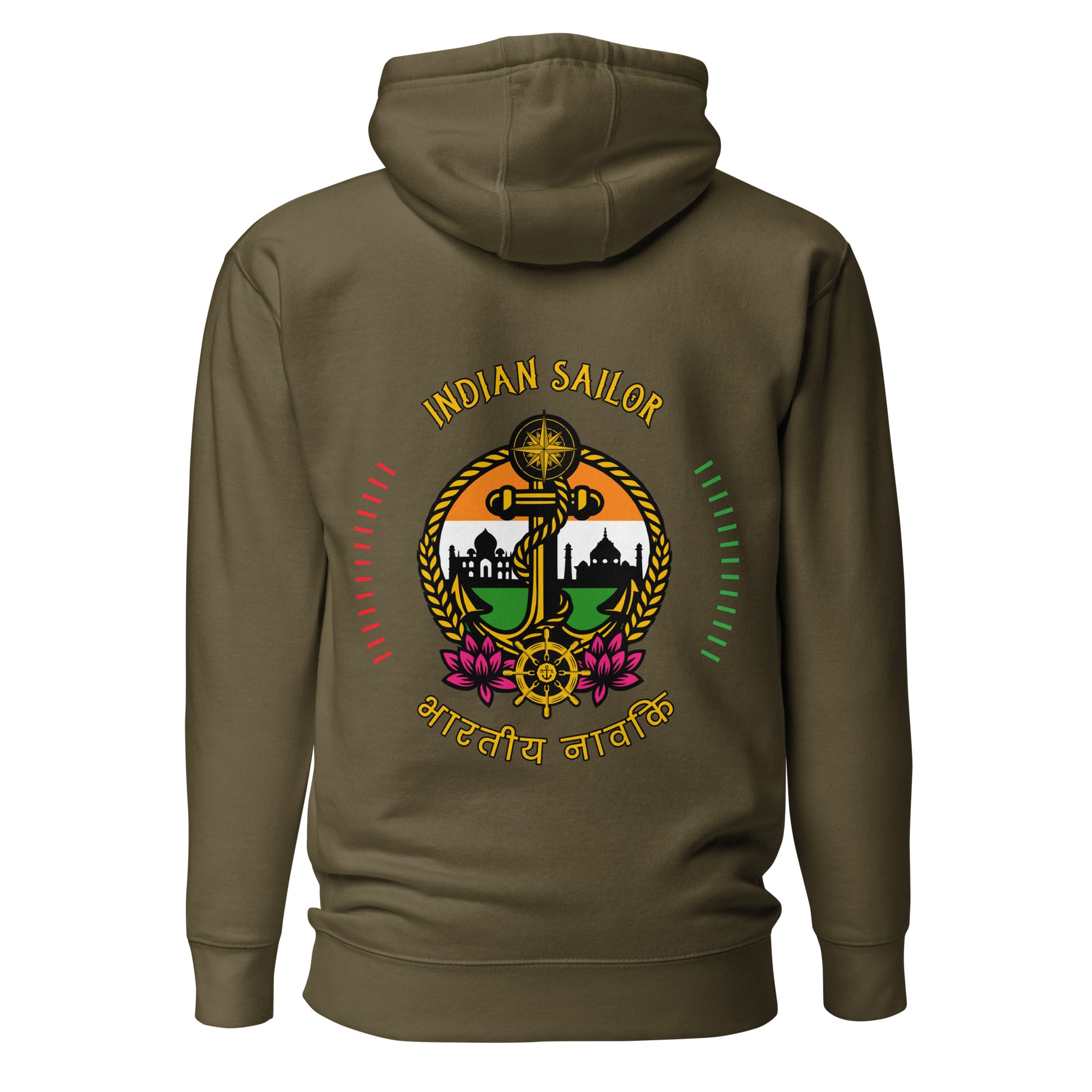 Unisex Indian Sailor Hoodie by 7SHORT1LONG® in military green, made from cotton heritage fabric, back view.