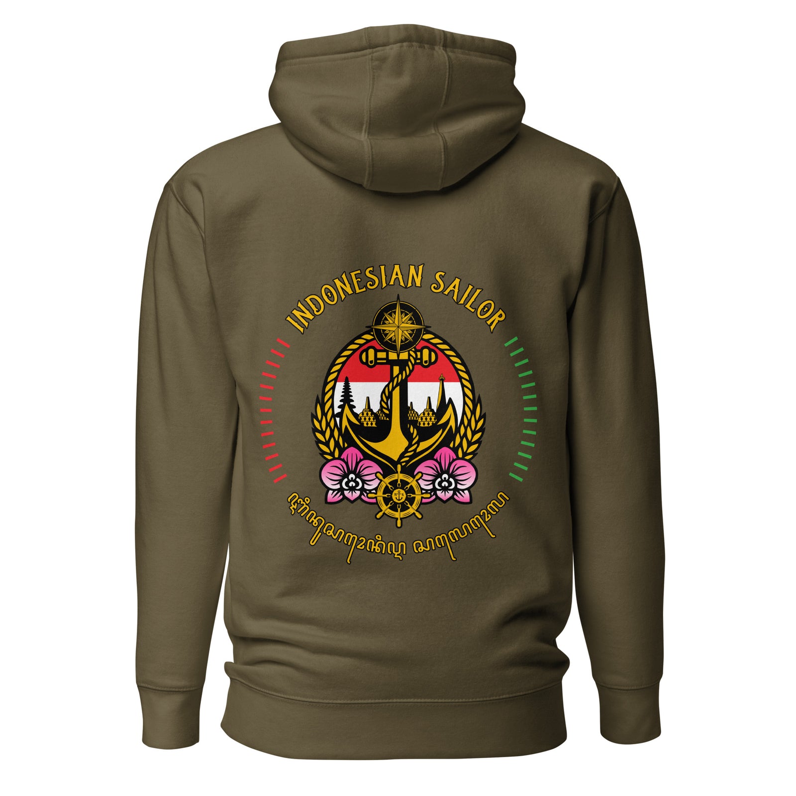 Unisex Indonesian Sailor Hoodie by 7SHORT1LONG® in military green with front pocket and hoodie, made from cotton heritage fabric.