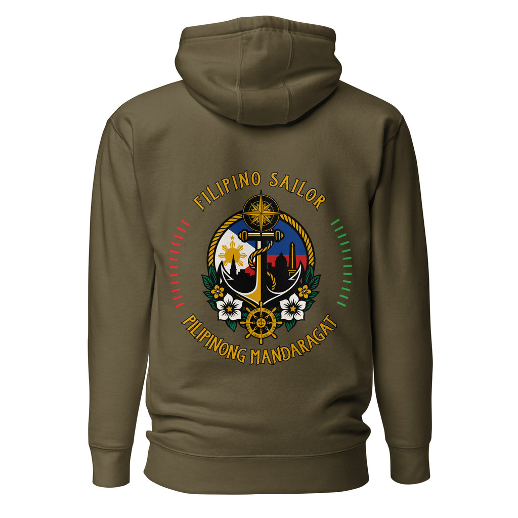 Unisex Filipino Sailor Hoodie by 7SHORT1LONG® in military green, made of cotton heritage fabric with a relaxed fit and hood.