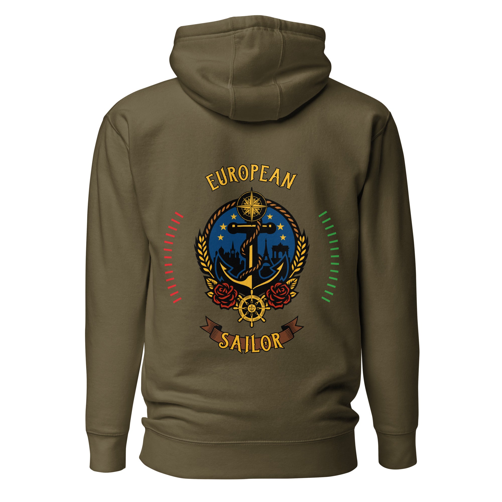 Unisex European Sailor Hoodie by 7SHORT1LONG® in military green cotton, featuring a comfortable pullover design and sailor-inspired style.