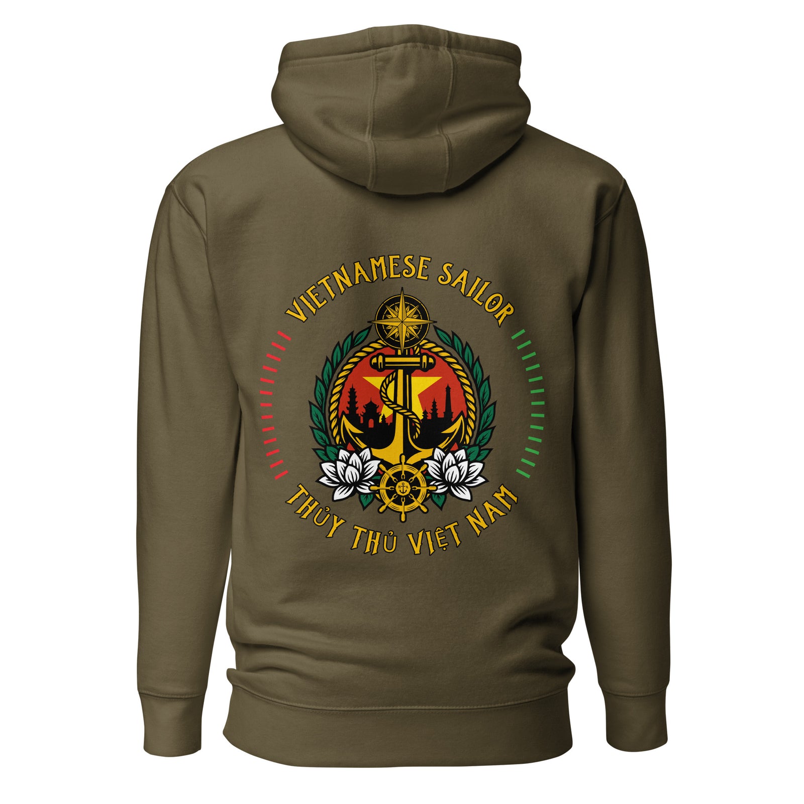 Vietnamese Sailor Hoodie by 7SHORT1LONG® in military green, unisex cotton pullover featuring sailor-inspired design and logo detail.
